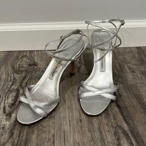 Manolo Blahnik Strappy Metallic Leather Sandals Silver Heels